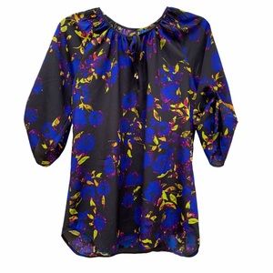Yumi Kim Joey Abstract Floral Peasant Tie Front Boho Blouse Neon Moody Emo Goth